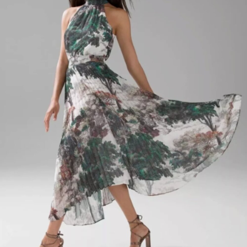 White House Black Market Pleated Halter Dress Dreamscape size 2